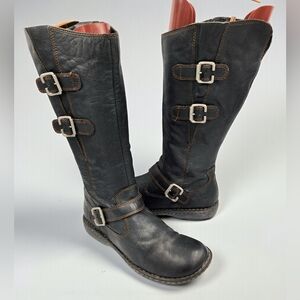 BOC Leather Wide Calf Tall Riding Boots Womens 11 Black 3 Buckle Zip Adjustable